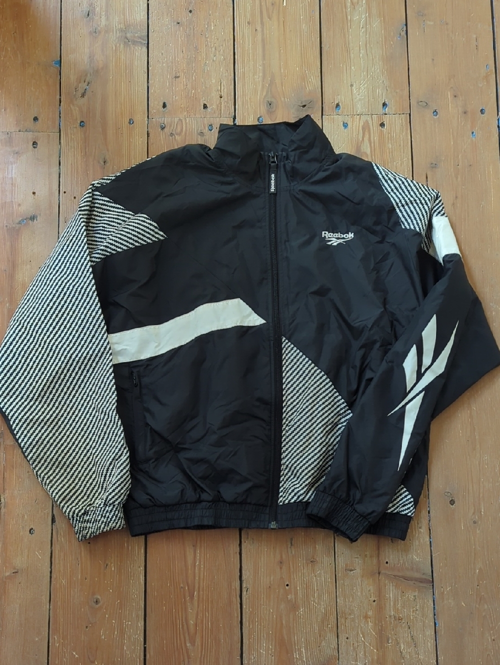 267-Reebok Black & White Retro-Inspired Windbreaker Jacket